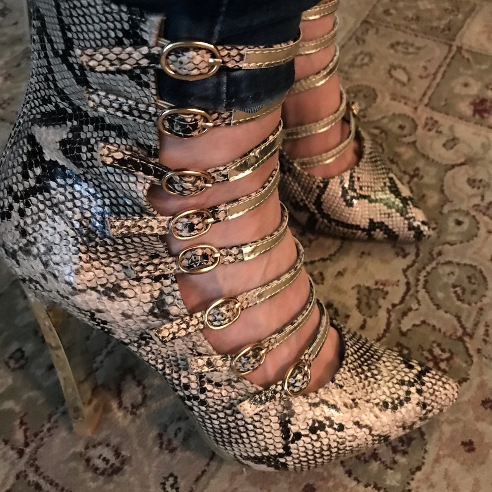Strappy Back Zip Stiletto Booties Python Sz 7 - image 2